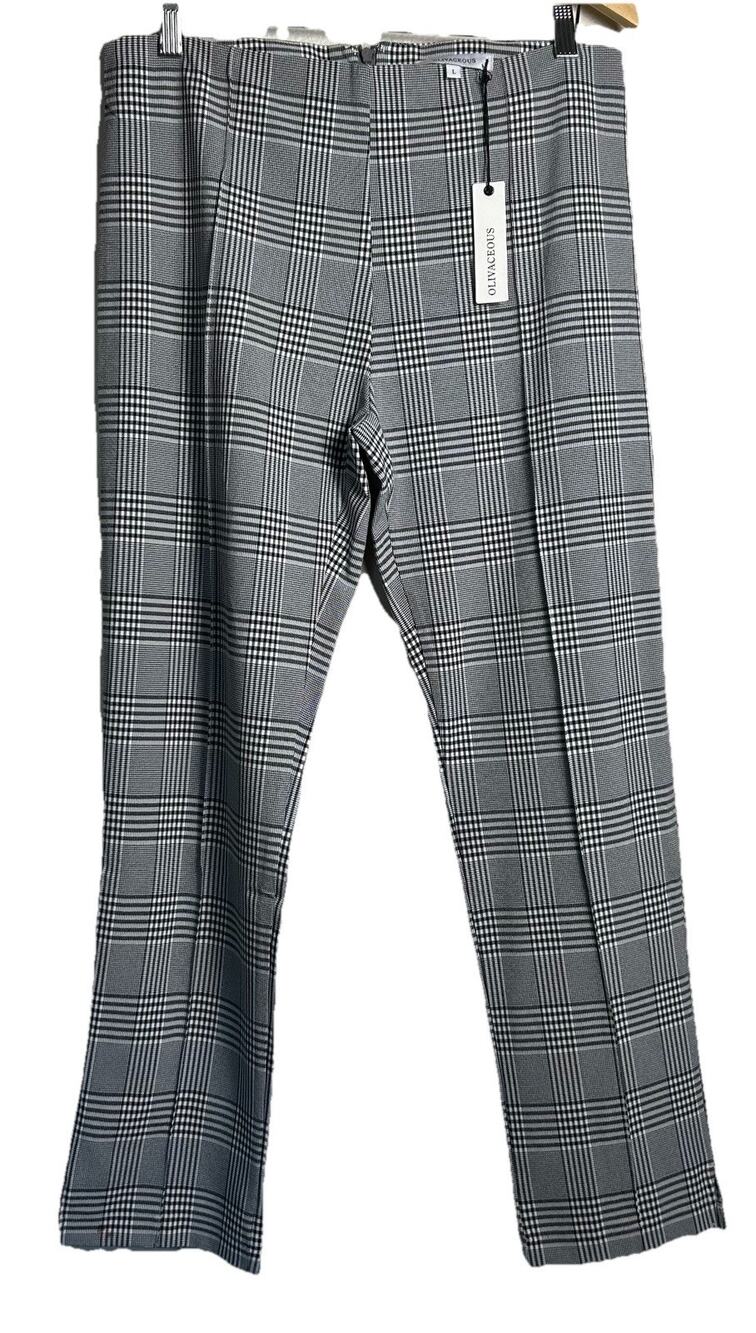Olivaceous Women's Black White Plaid Pants Stretch Straight Zipper Large NWT